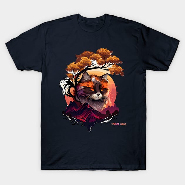 Anime Cat in Glowing Red Japanese Mountains T-Shirt by Amour Grki